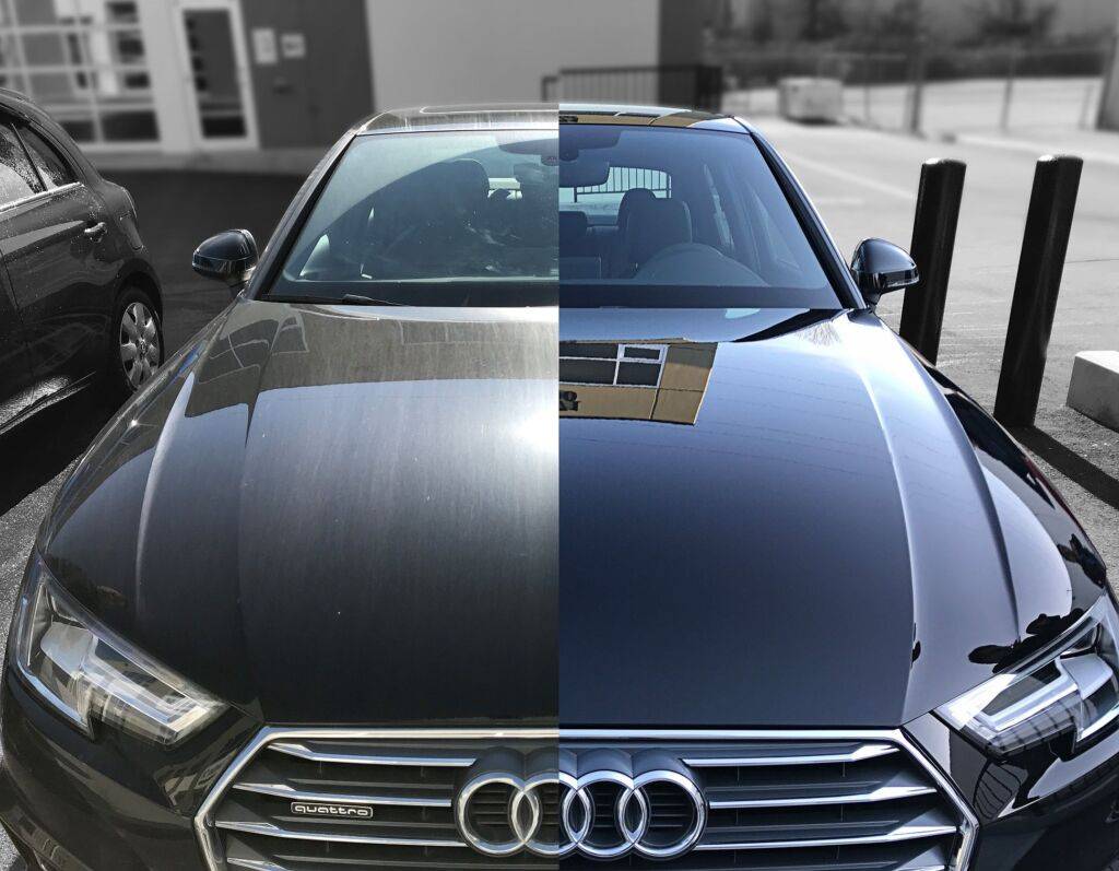 Comparativa antes y después de aplicar coating cerámico en un Audi: mayor brillo y profundidad de color